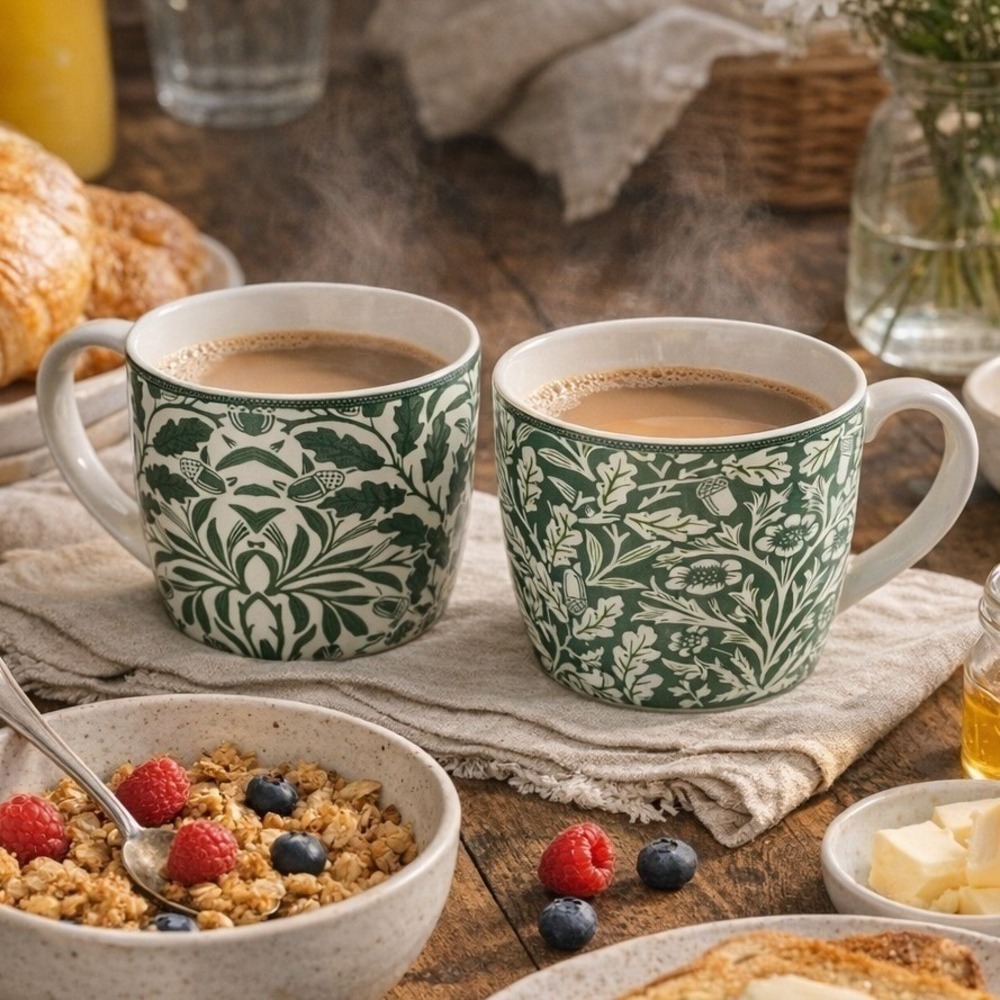 William‎ Morris Acorn Set of 2 Fine China Breakfast Mugs Leonardo Green